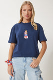 Lacivert Armalı Pamuklu Örme T-shirt CR00465