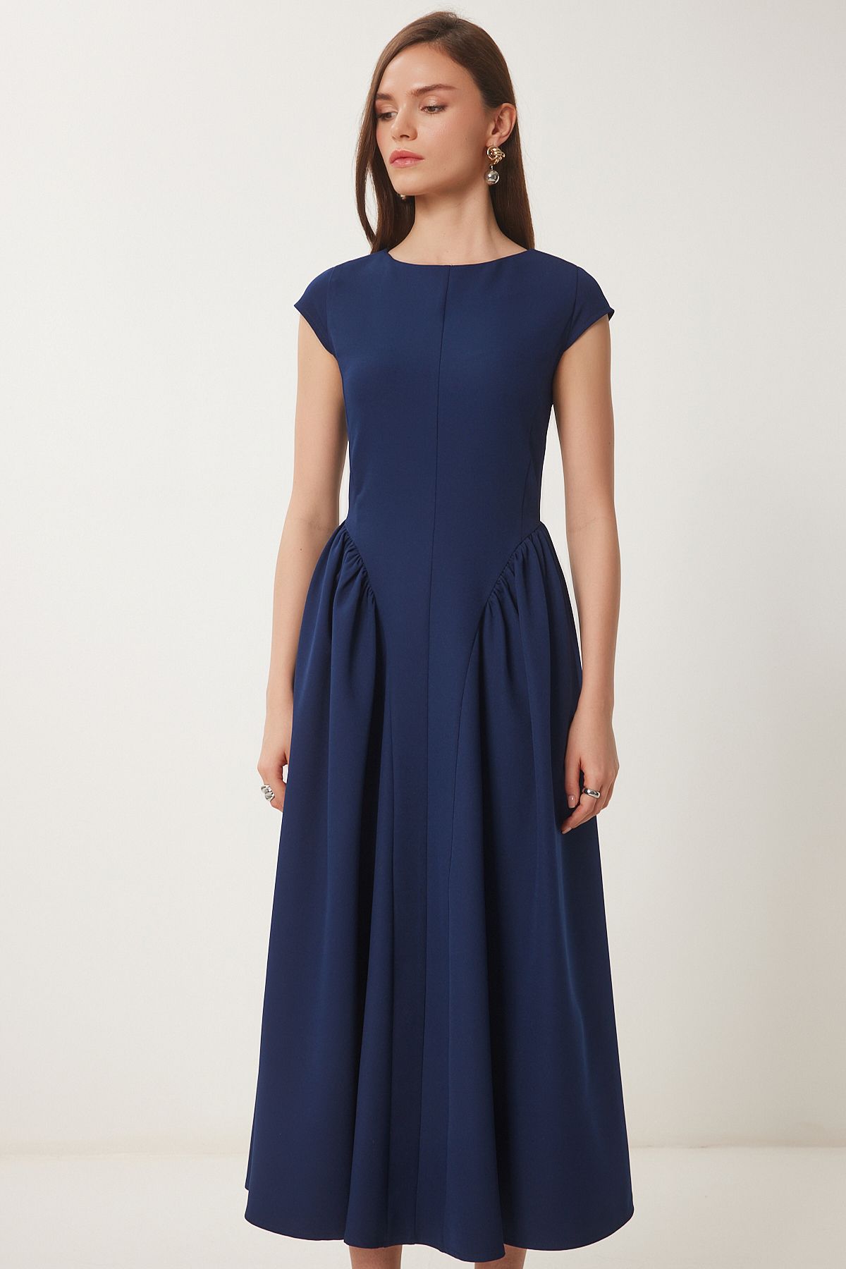 Lacivert Midi Poplin Elbise UB00359