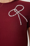 Bordo Boncuklu Fiyonk Detaylı Örme T-Shirt ZV00290