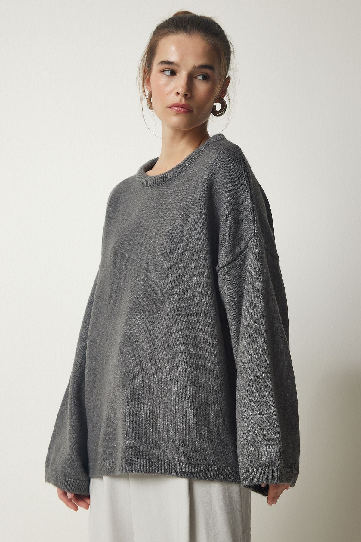 Gri Oversize Basic Triko Kazak KB00034