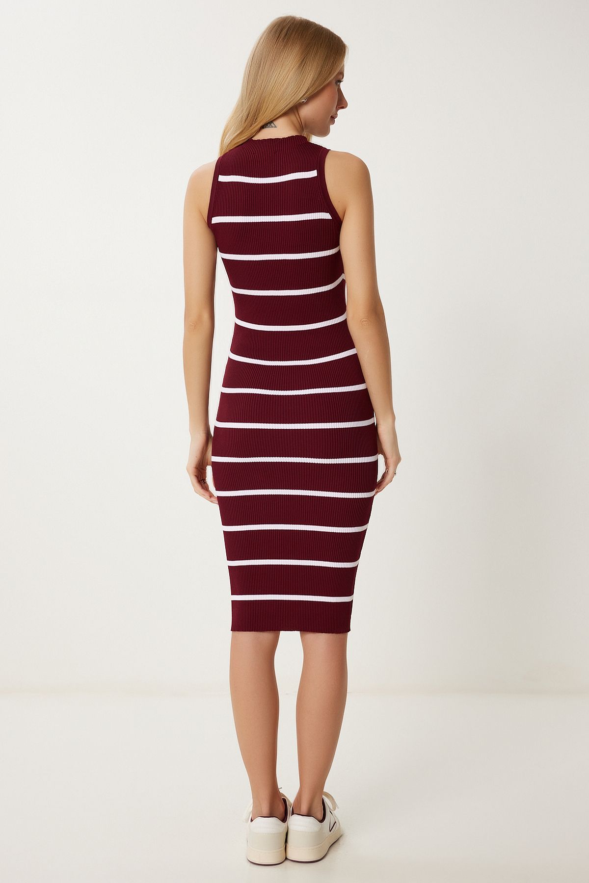Bordo Çizgili Yazlık Triko Bodycon Elbise NS00442