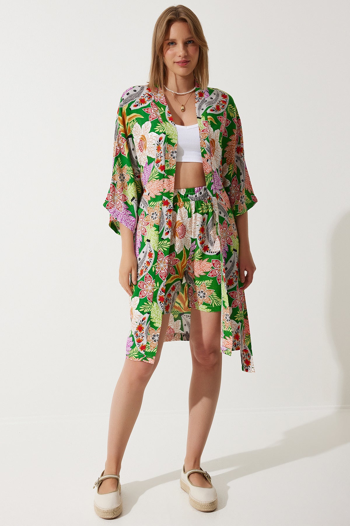 Yeşil Yazlık Viskon Kimono Şort Takım BP00161