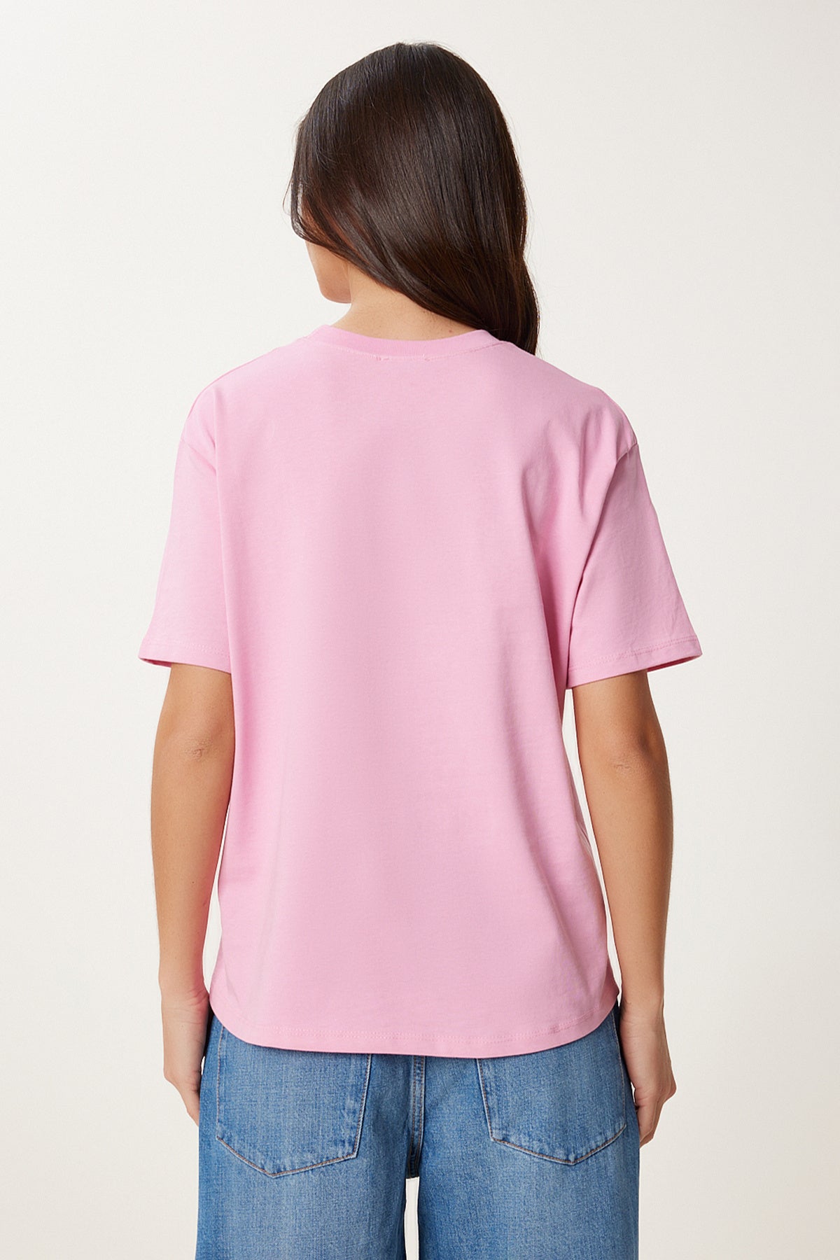 Pembe Kalp Nakışlı Pamuklu Örme T-Shirt AN00244