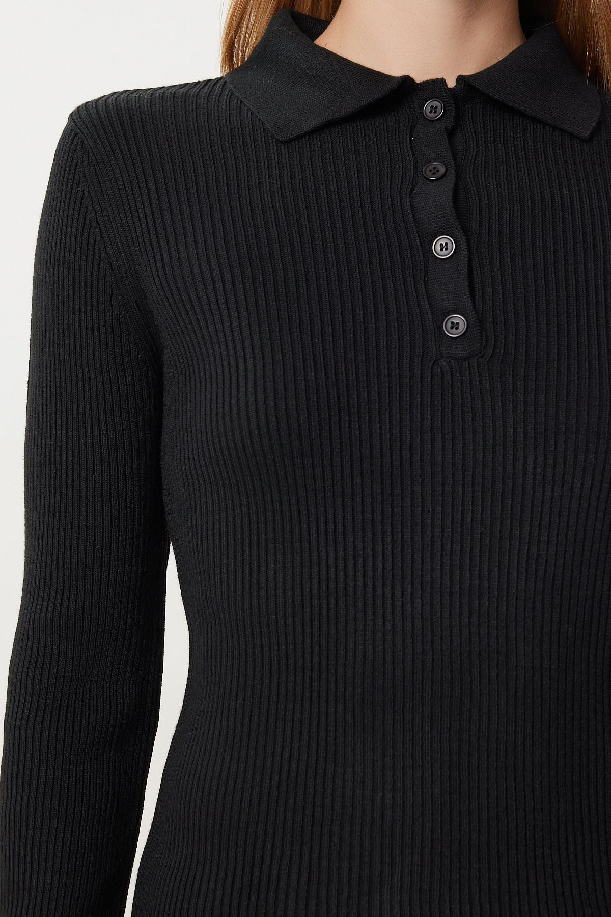 Siyah Polo Yaka Fitilli Örme Triko Kazak PF00119