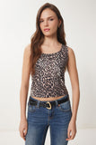 Siyah Bej Leopar Desenli Kolsuz Sandy Bluz AN00225