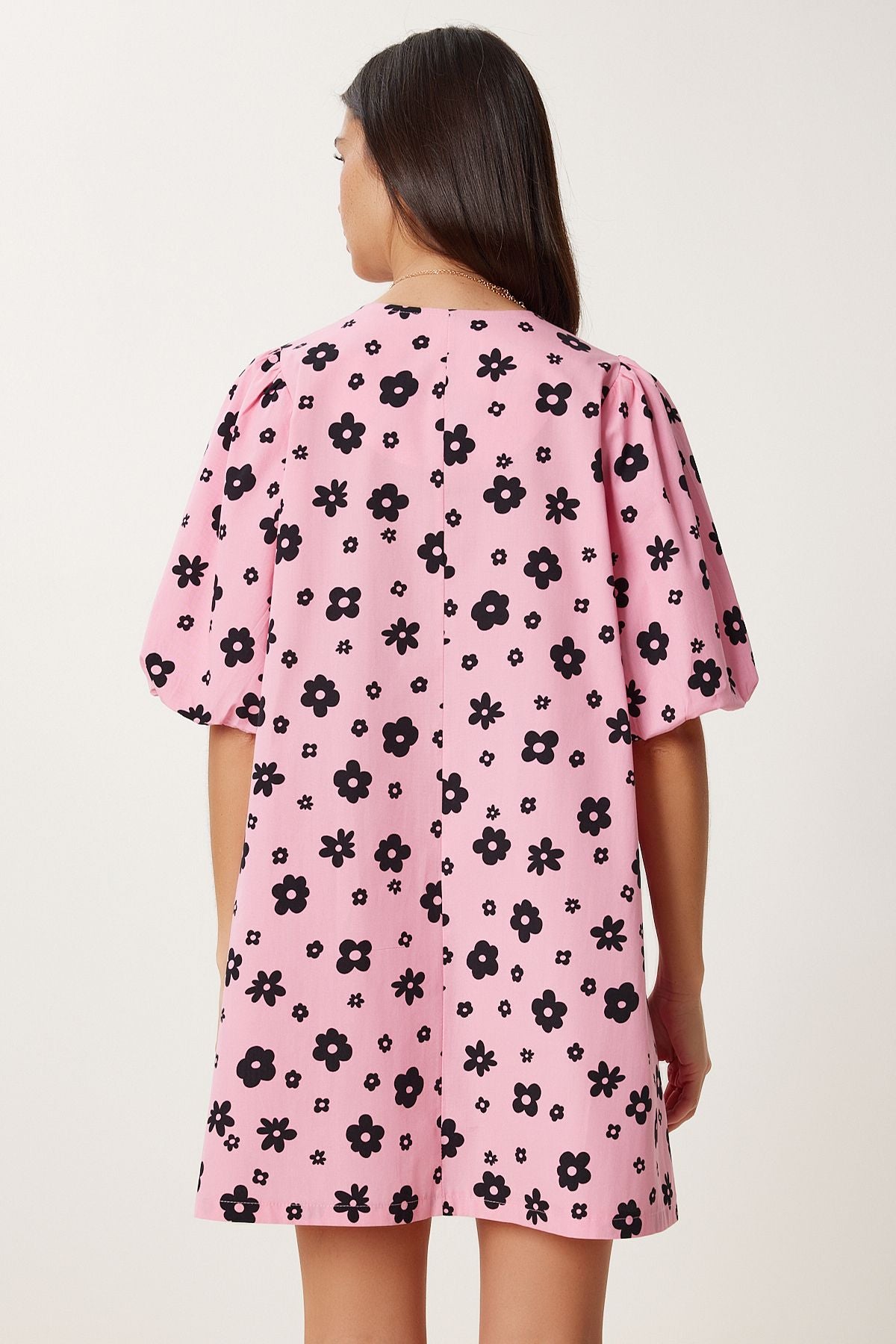 Pembe Siyah Balon Kollu Desenli Poplin Elbise RC00157
