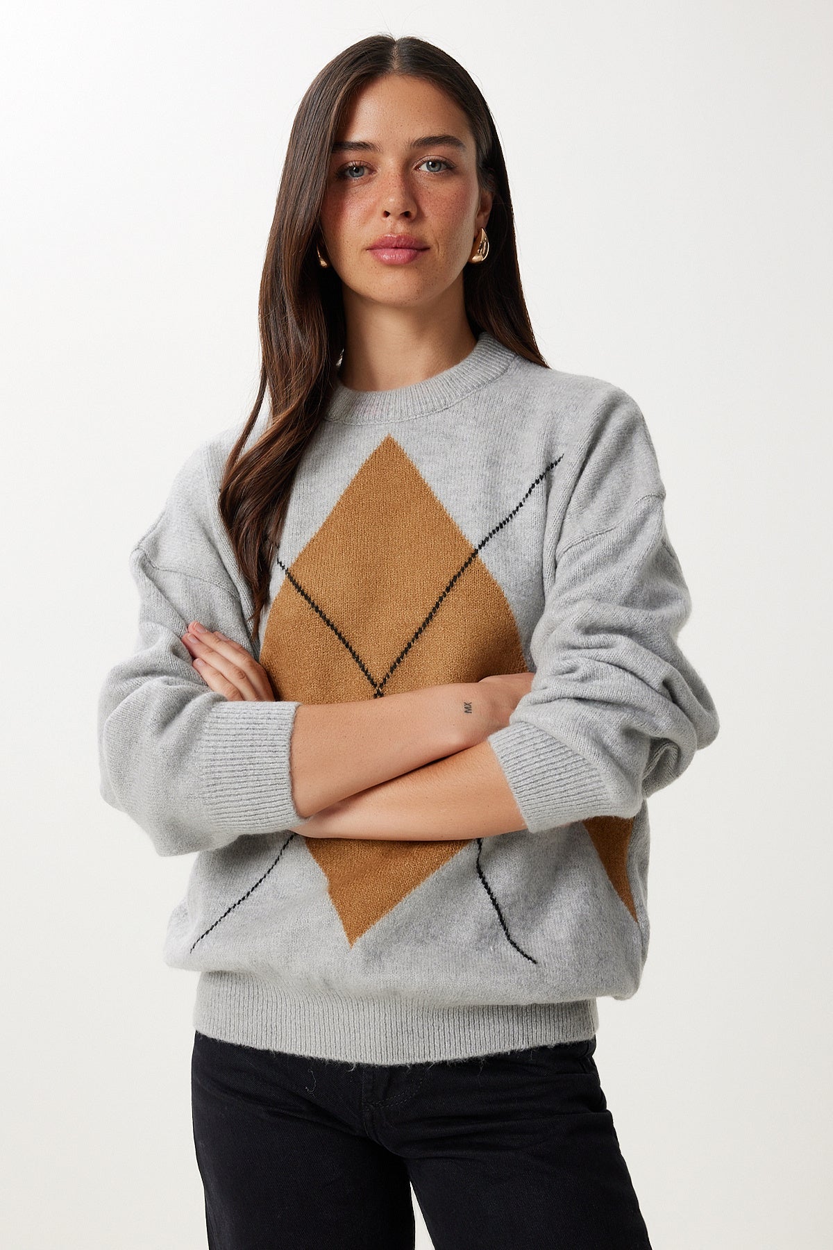 Gri Camel Baklava Desenli Triko Kazak DD01366