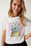 Beyaz Baskılı %100 Pamuk Örme T-Shirt WO00037