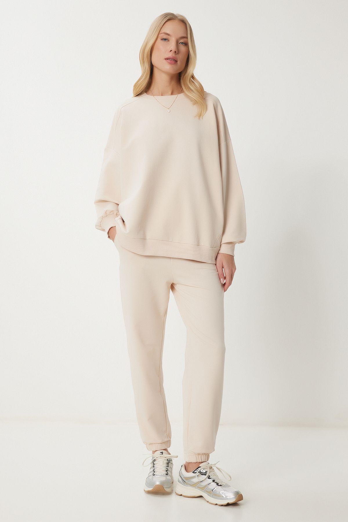 Krem Bisiklet Yaka Oversize Örme Eşofman Takımı FN03456