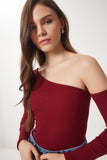 Bordo Açık Omuzlu Fitilli Örme Bluz TG00011