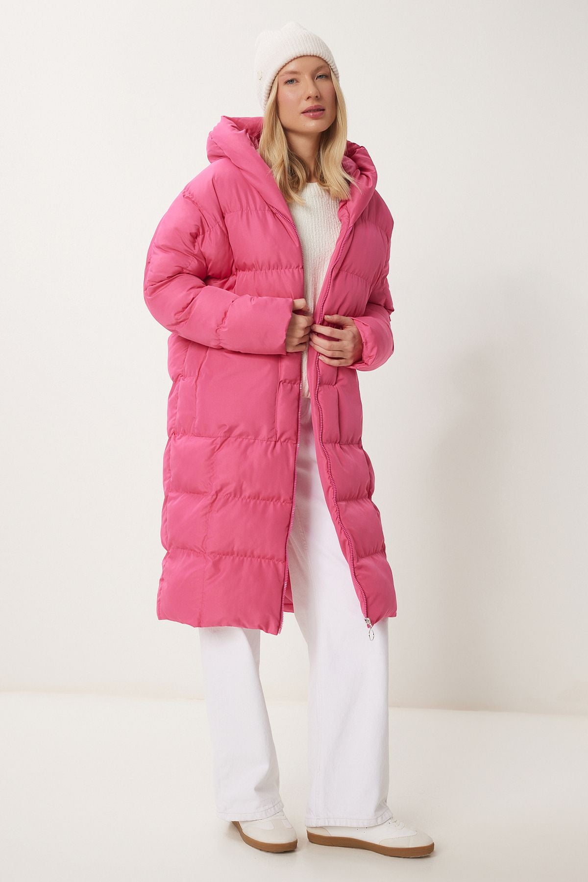 Pembe Kapüşonlu Oversize Uzun Şişme Kaban NT00428