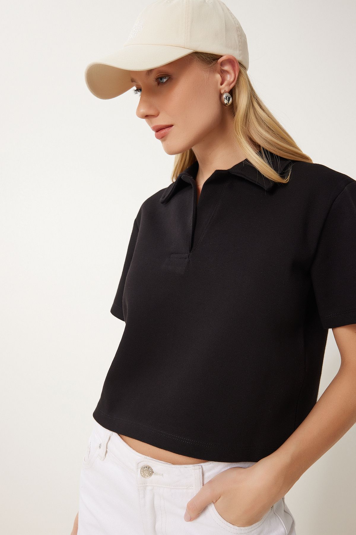 Siyah Polo Yaka Pike Örme T-Shirt DP00254