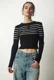 Siyah Krem Düğmeli Yaka Fitilli Crop Triko Bluz NF00077