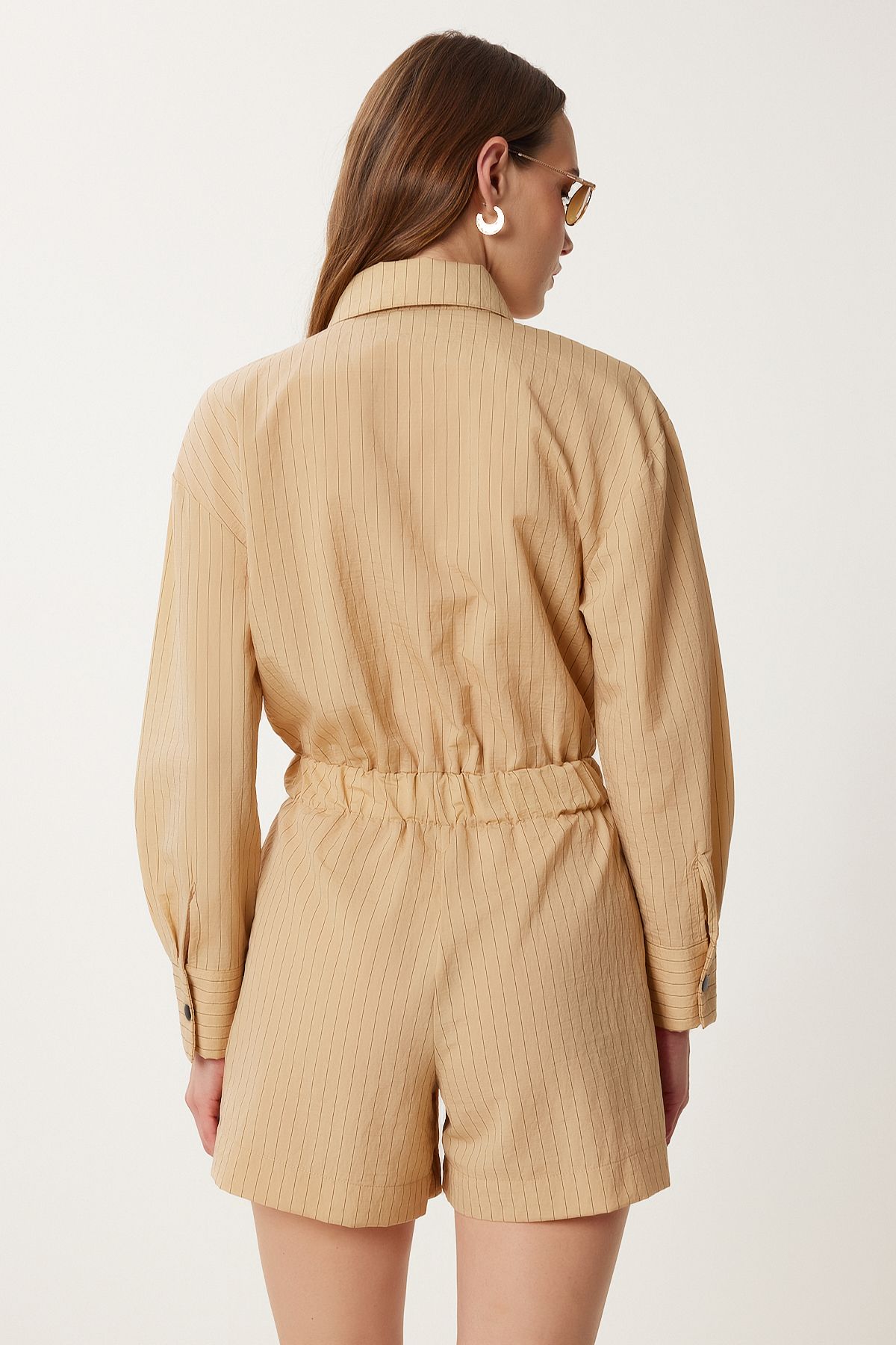 Camel Çizgili Dokuma Mini Şort Tulum WF00128