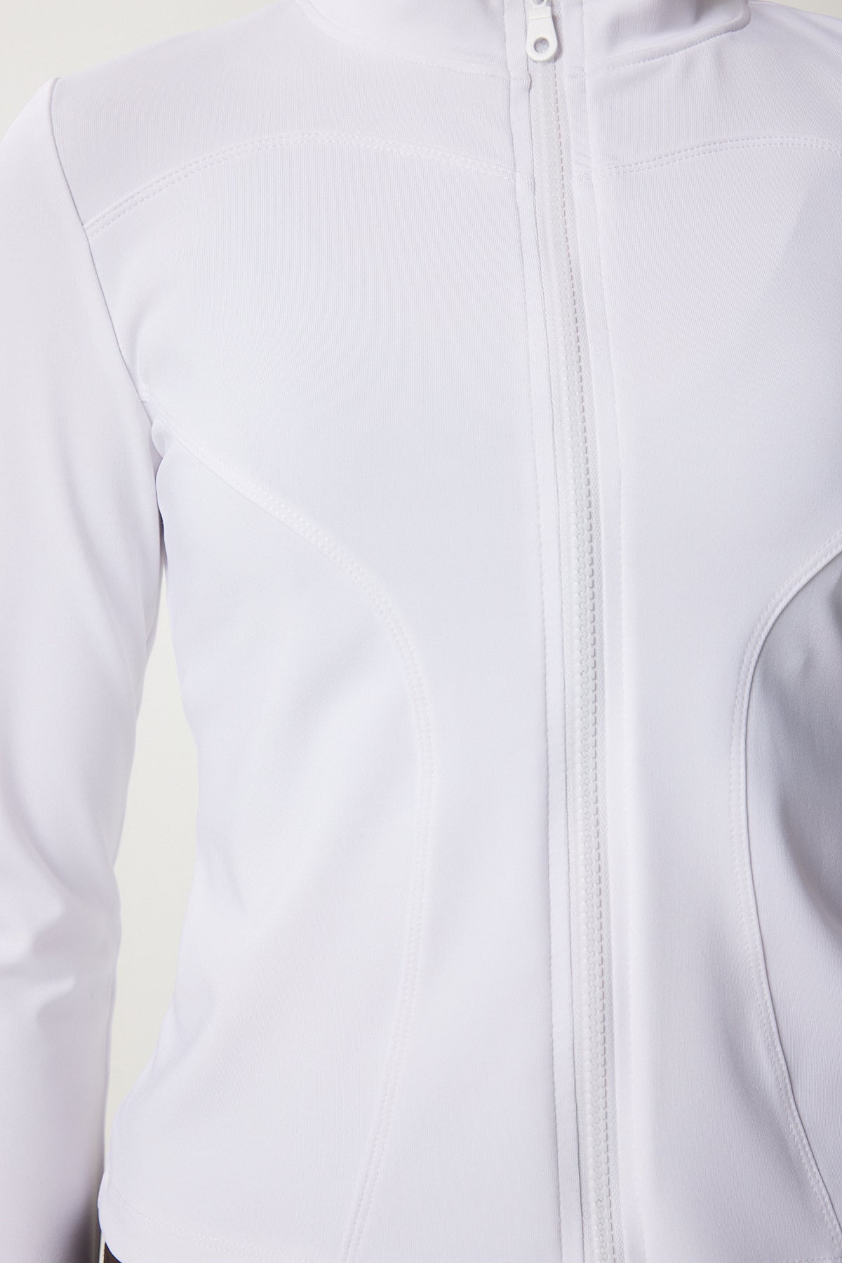 Beyaz Saran Fermuarlı Dik Yaka Örme Sweatshirt VX00005
