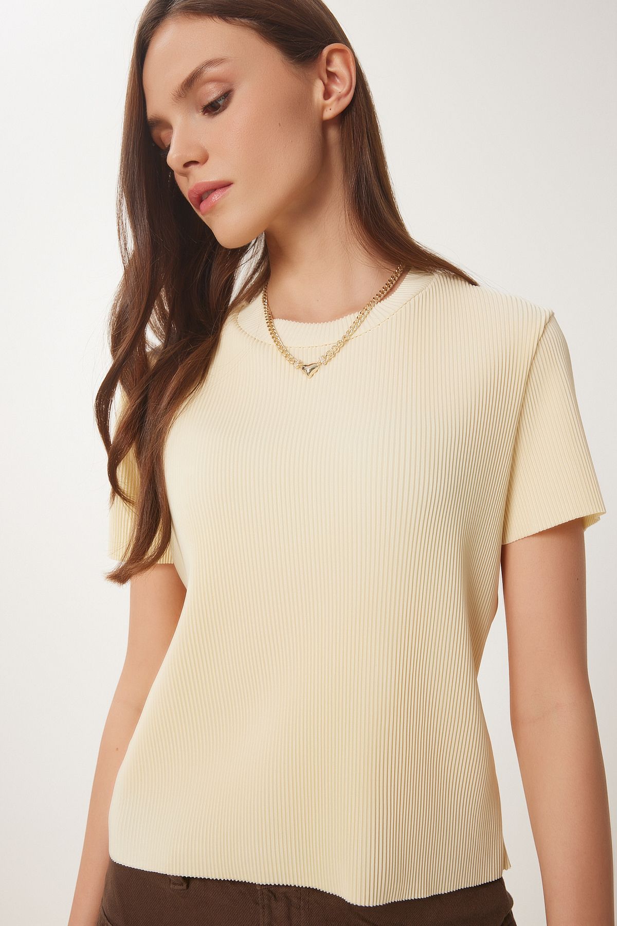 Sarı Basic Fitilli Örme Bluz HF00468