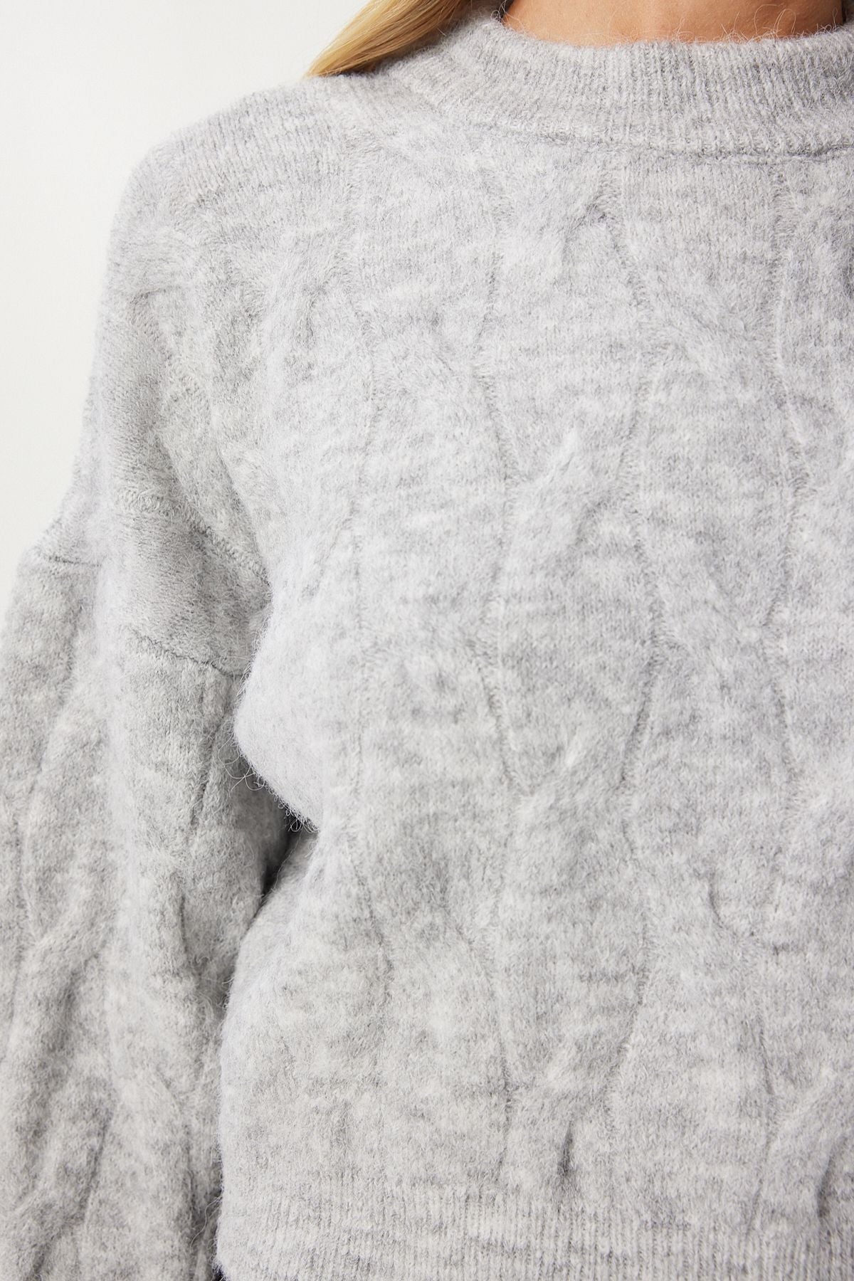 Gri Dokulu Crop Triko Kazak MX00170