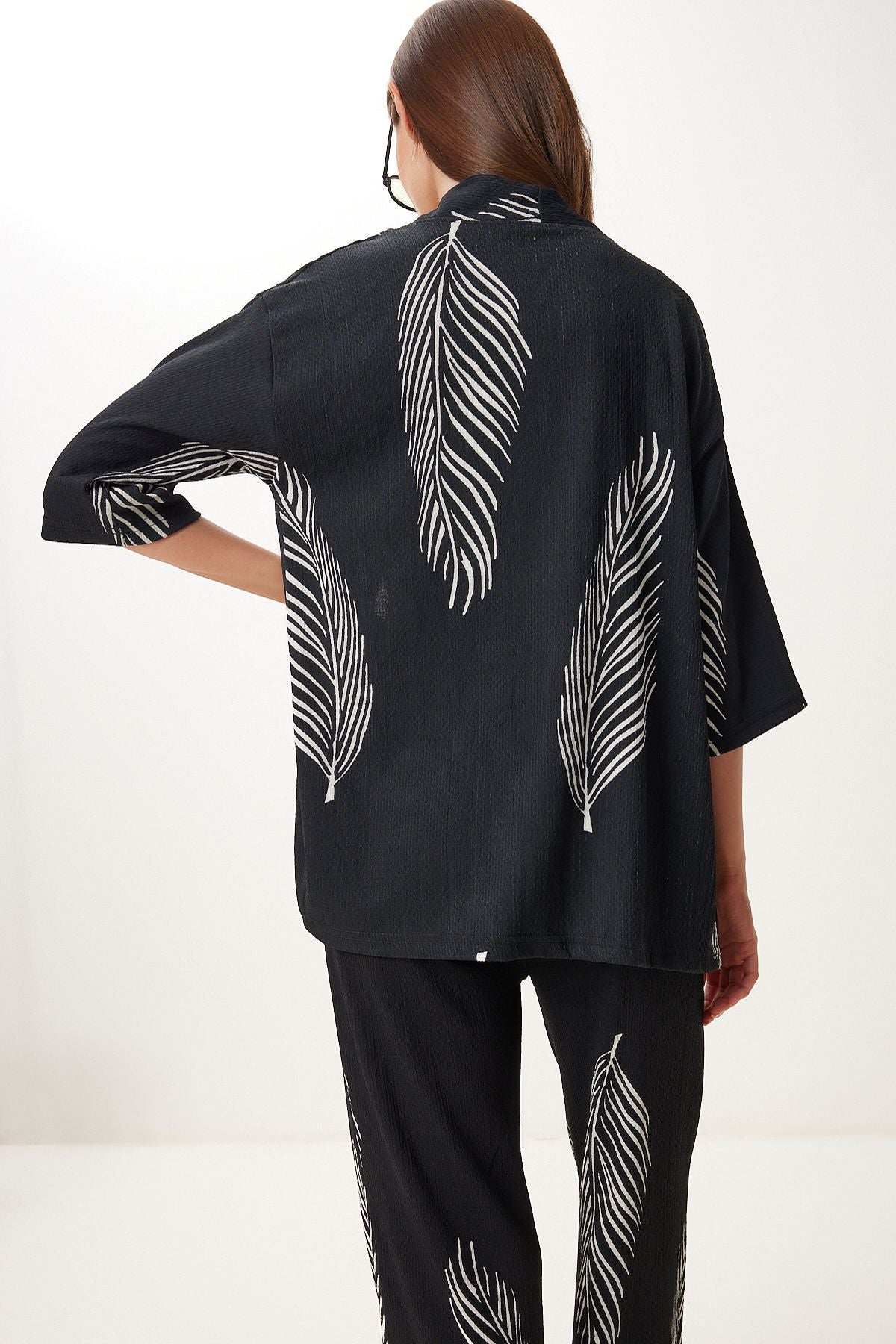 Siyah Kemik Desenli Krinkıl Örme Kimono Pantolon Takım İY00006