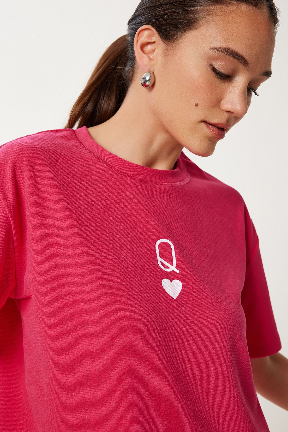 Koyu Pembe Baskılı Oversize Örme T-Shirt AN00245