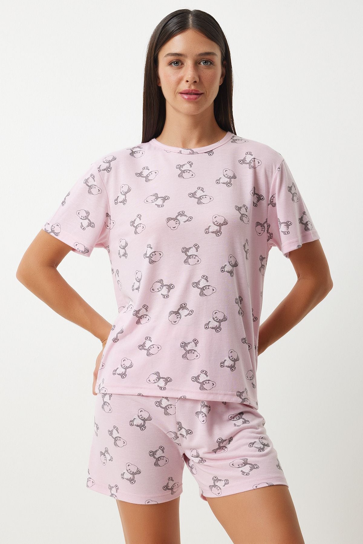 Açık Pembe Desenli Viskon Şort T-Shirt Pijama Takımı EC00045