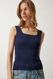 Lacivert Kare Yaka Triko Crop Bluz US00358