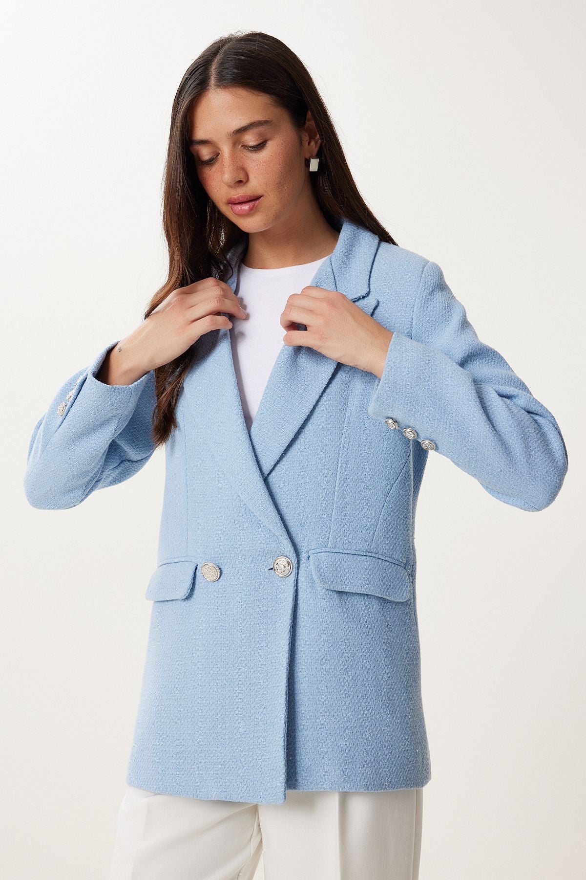 Gök Mavi Vatkalı Şık Düğmeli Tüvit Blazer Ceket XL00005