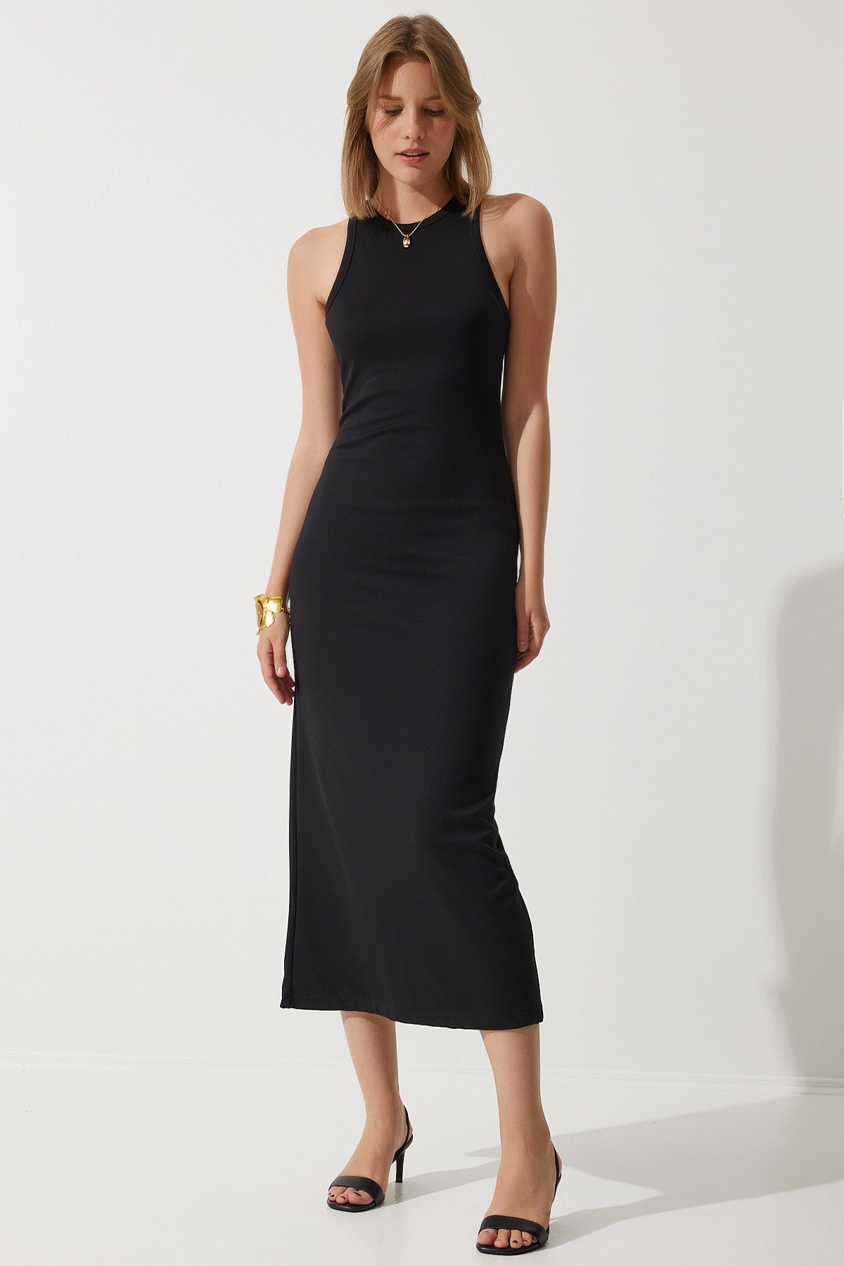 Siyah Halter Yaka Yazlık Çelik Örme Uzun Elbise BP00159