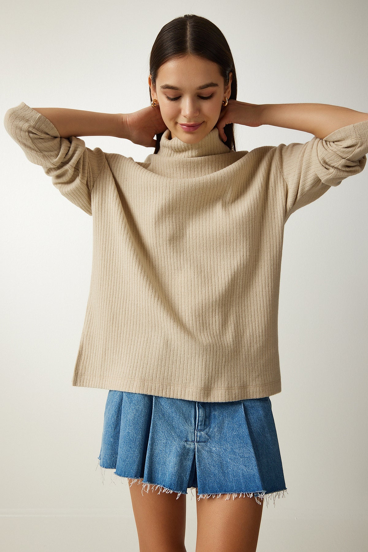 Bej Balıkçı Yaka Fitilli Oversize Örme Bluz UB00213