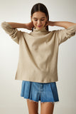 Bej Balıkçı Yaka Fitilli Oversize Örme Bluz UB00213