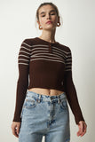 Kahverengi Krem Düğmeli Yaka Fitilli Crop Triko Bluz NF00077