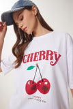 Beyaz Kiraz Baskılı Pamuklu Örme T-Shirt ZV00301