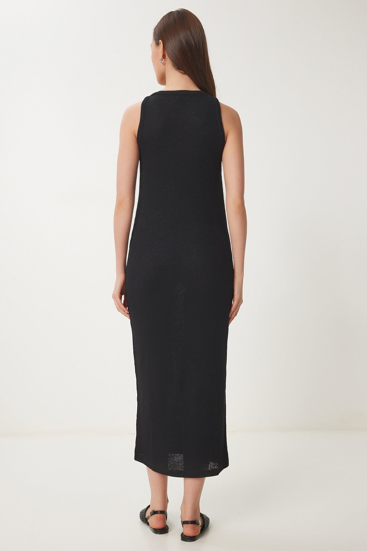 Siyah Basic Fitilli Midi Örme Elbise WO00049