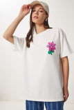 Ekru Çiçek Baskılı Oversize Örme T-Shirt ZV00282