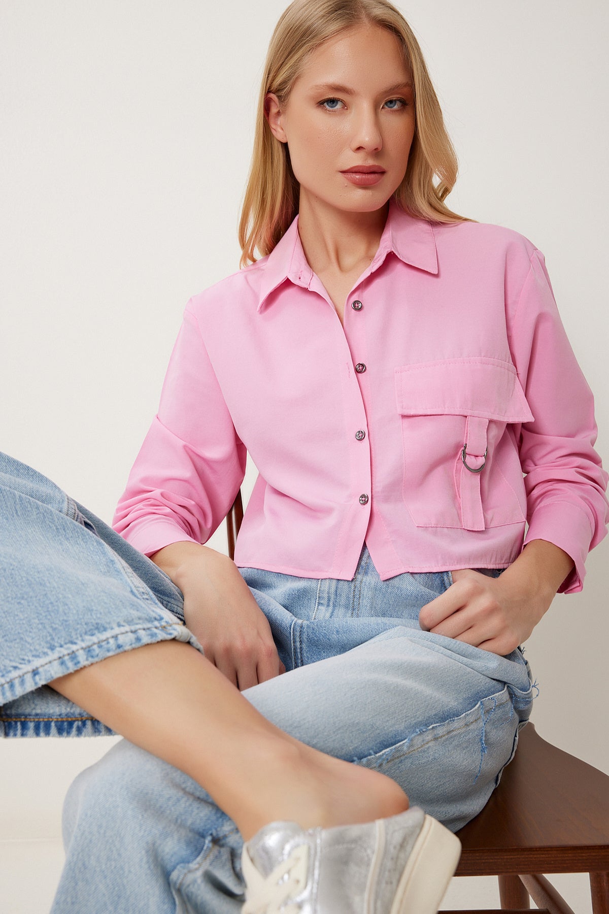 Pembe Cep Detaylı Crop Pamuklu Poplin Gömlek MX00192