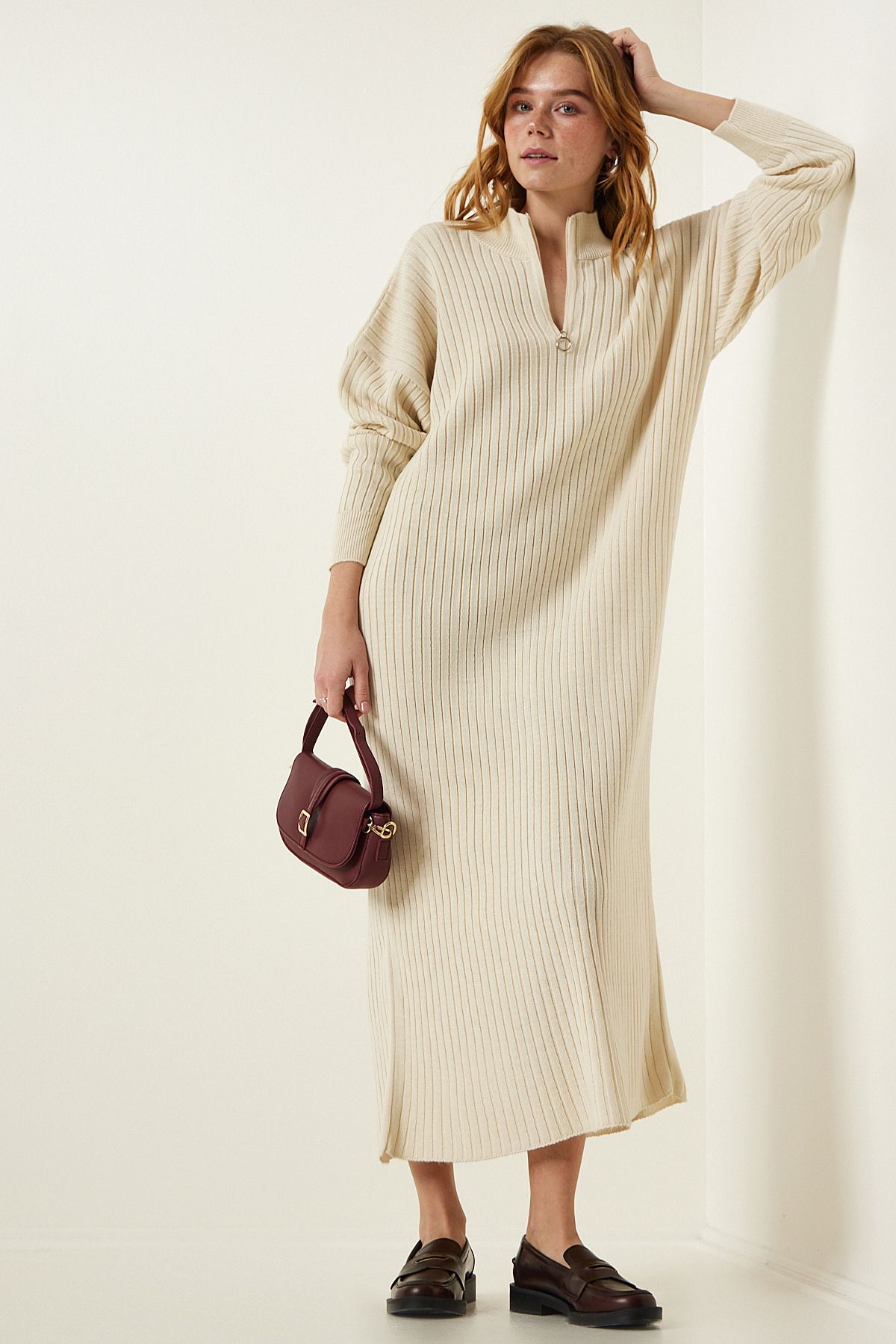 Krem Fitilli Oversize Triko Elbise DD01251