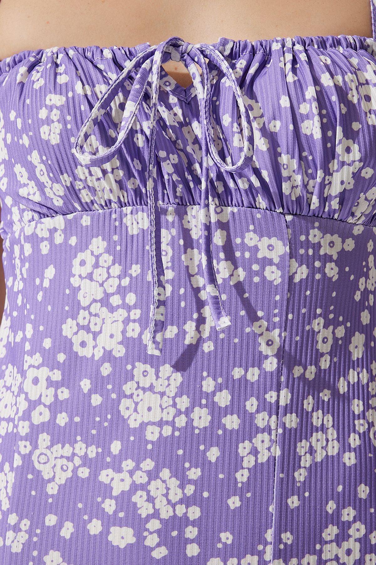 Lila Çiçekli Yırtmaçlı Yazlık Örme Elbise  CI00029