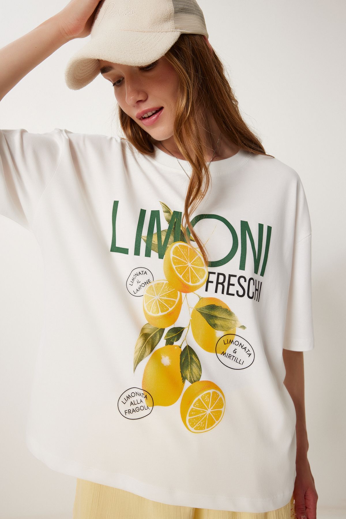 Ekru Limon Baskılı Pamuklu Örme T-Shirt YY00240