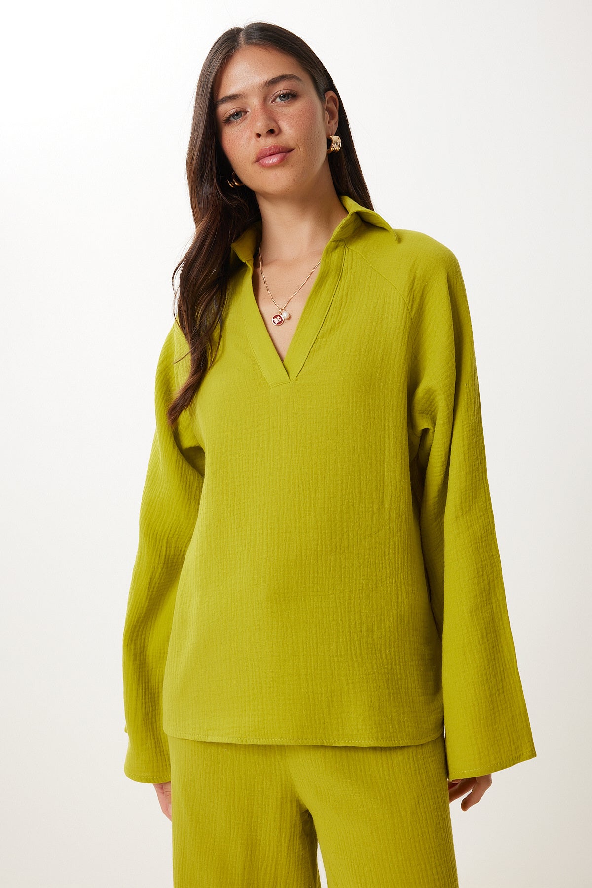 Yağ Yeşili Müslin Bluz Pantolon Takım  FN03470