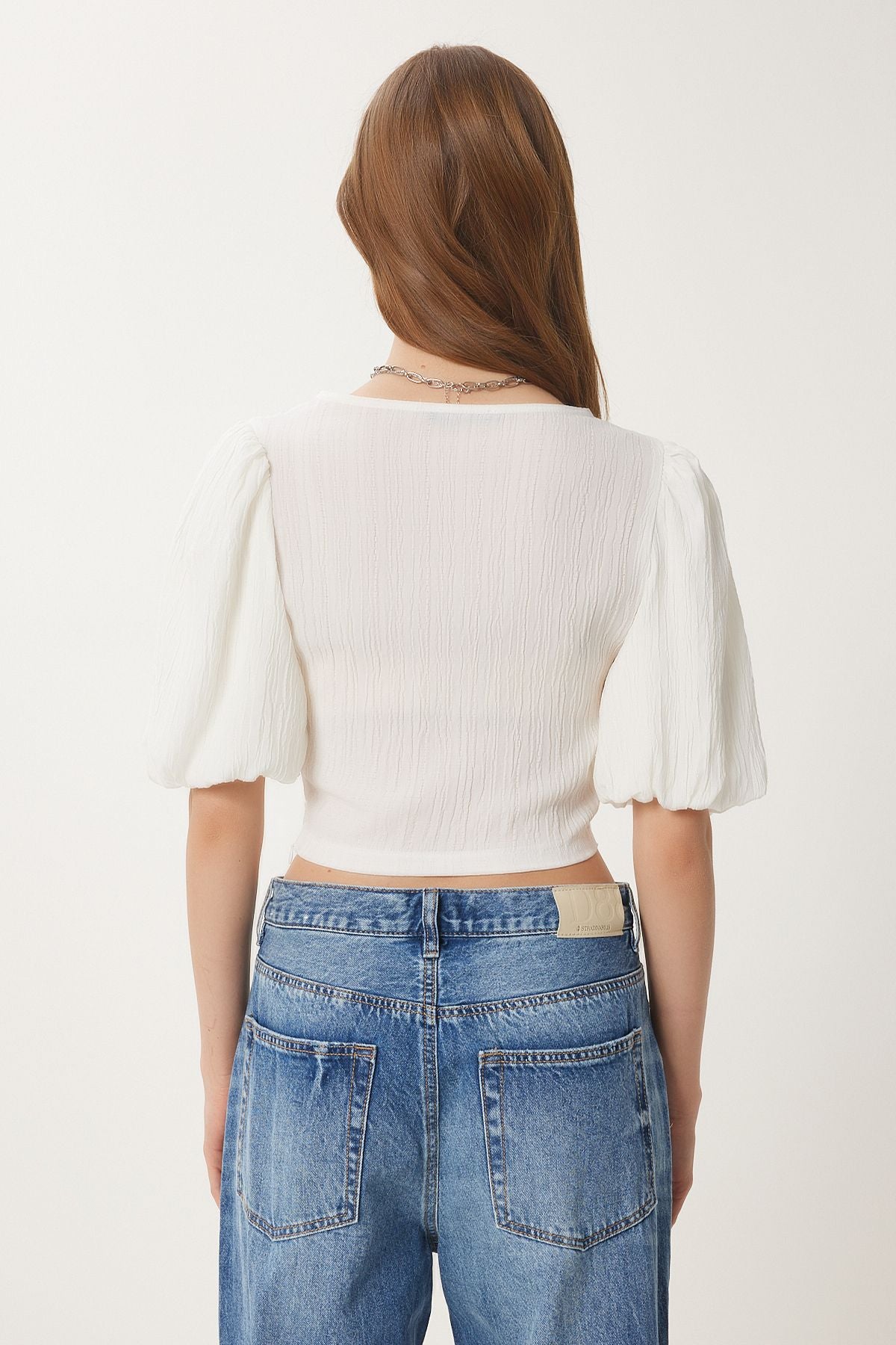 Kemik Balon Kollu Crop Dokuma Bluz RG00052