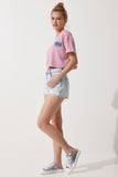 Pembe Nakış Detaylı Çizgili %100 Pamuk Crop Örme T-Shirt CR00436