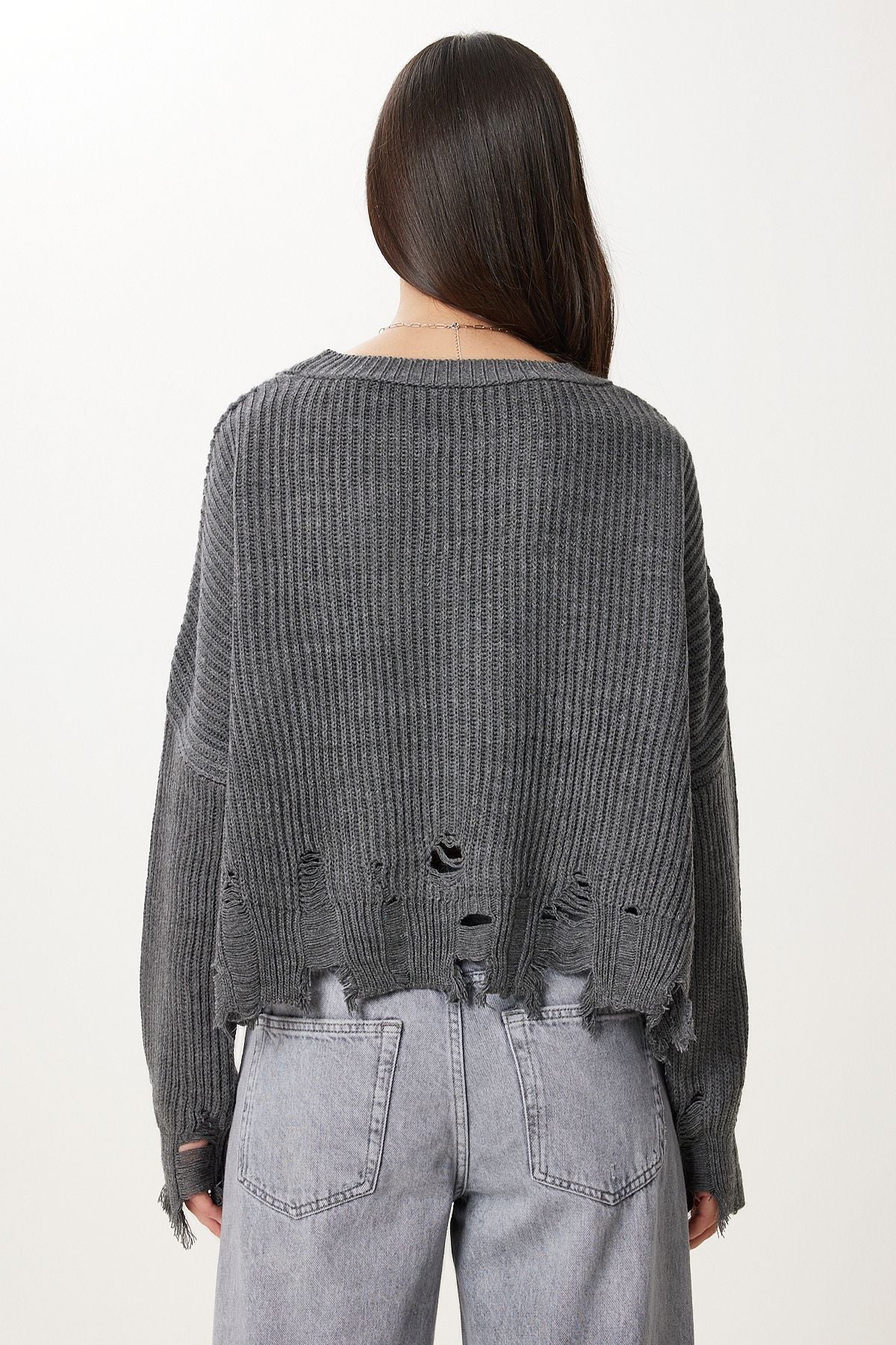 Gri Yırtık Detaylı Oversize Triko Kazak ki00098