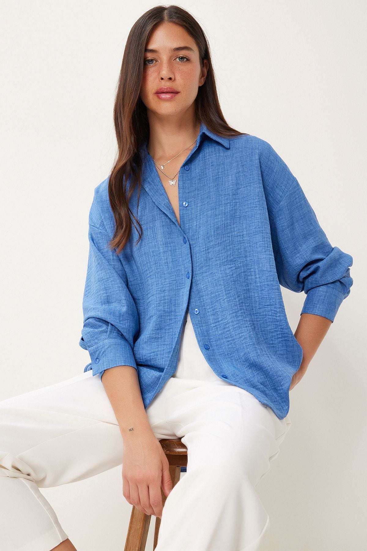 İndigo Mavi Oversize Keten Gömlek PB00053