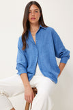 İndigo Mavi Oversize Keten Gömlek PB00053