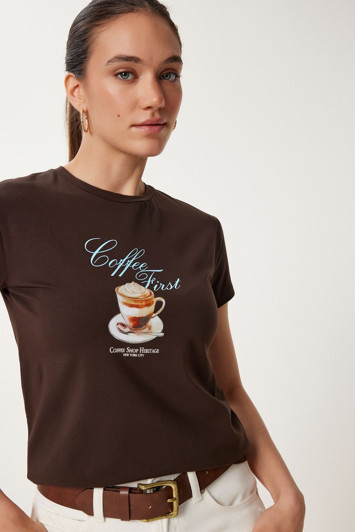 Kahverengi Baskılı Örme T-Shirt UB00388