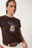 Kahverengi Baskılı Örme T-Shirt UB00388