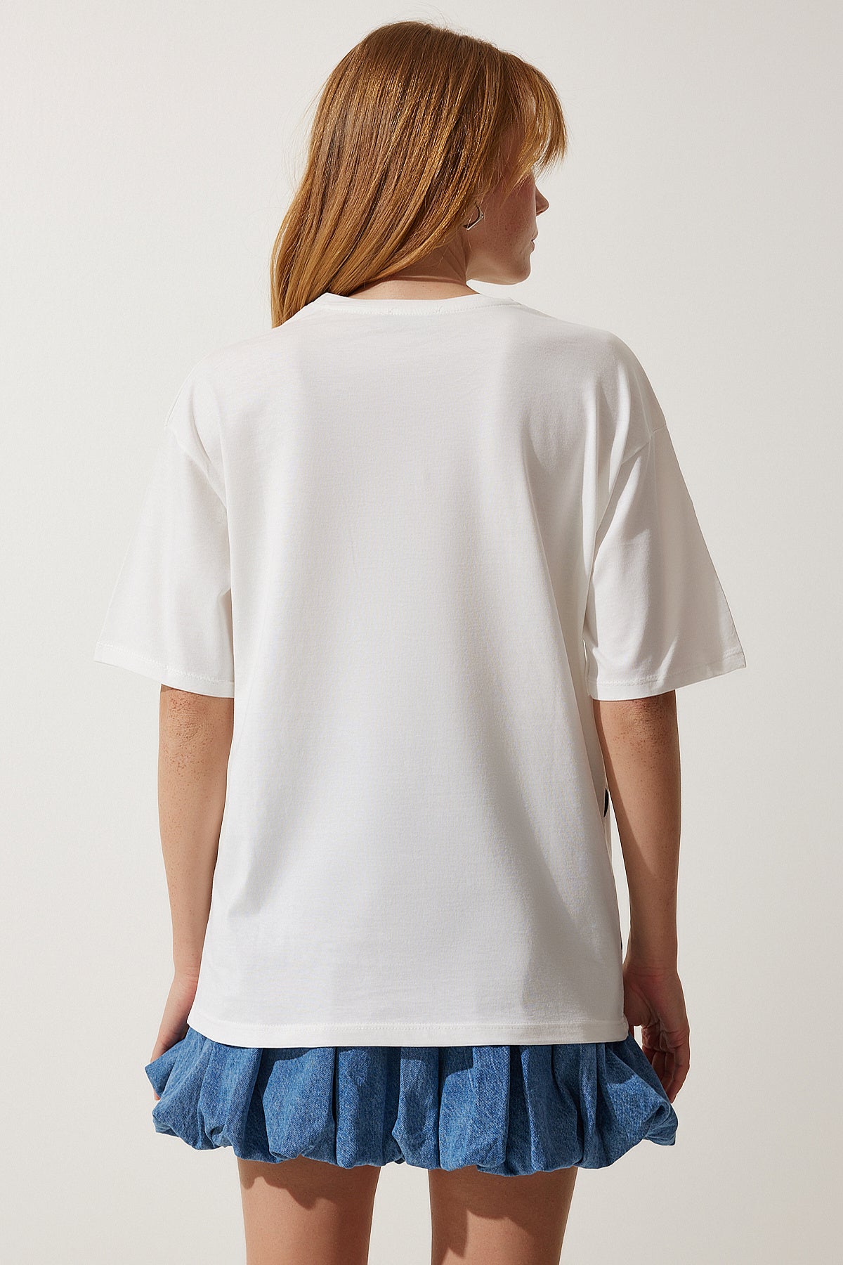 Beyaz Baskılı Oversize Örme T-Shirt HF00457