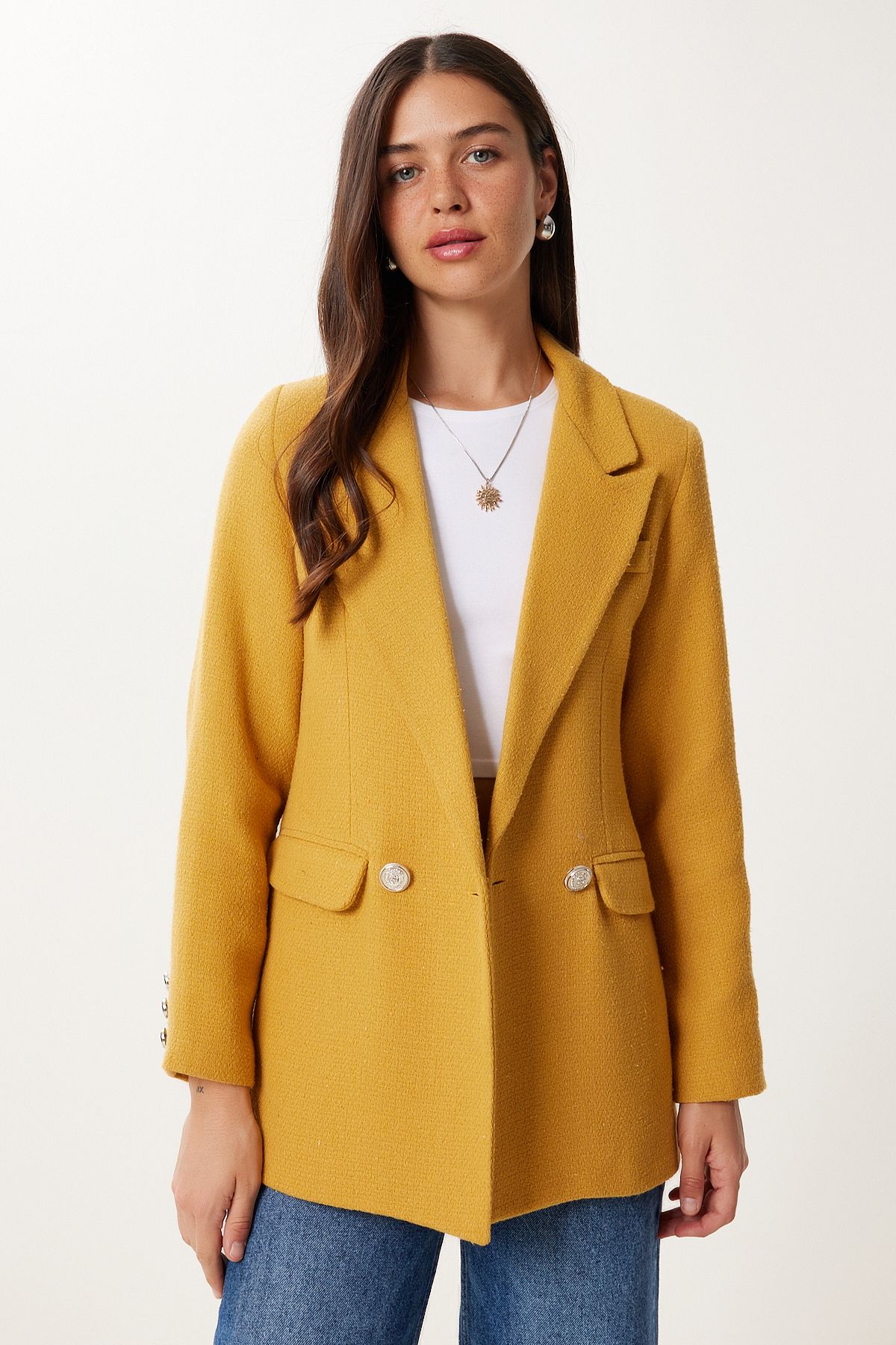 Hardal Vatkalı Şık Düğmeli Tüvit Blazer Ceket XL00005