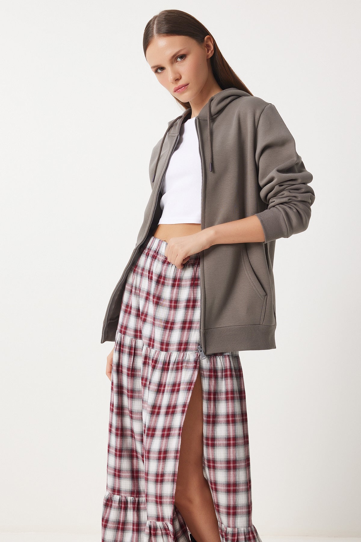 Füme Kapüşonlu Şardonlu Fermuarlı Oversize Sweatshirt VN00016