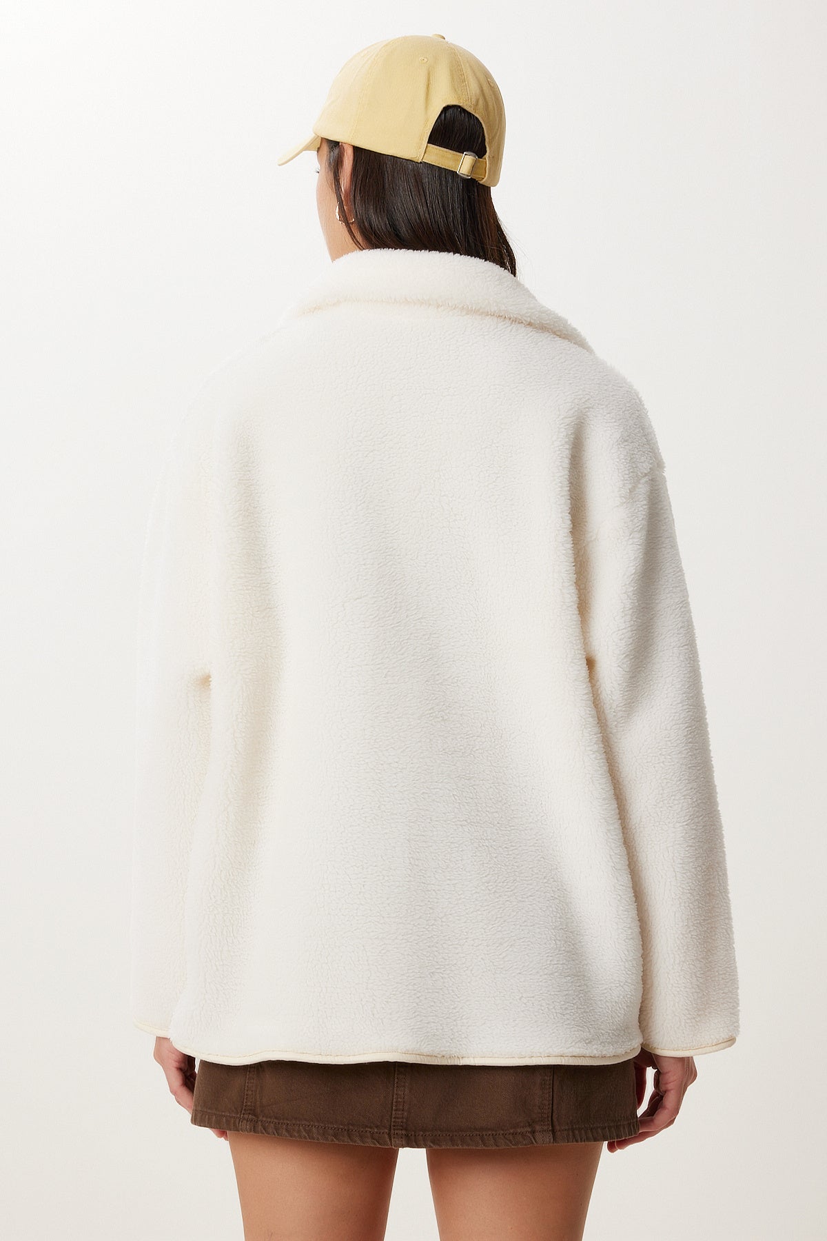 Krem Fermuarlı Oversize Peluş Sweatshirt DD01379