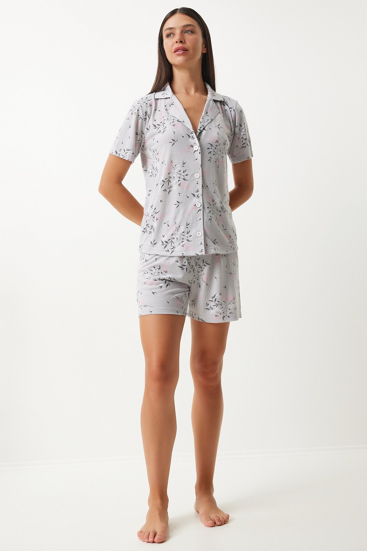 Gri Desenli Viskon Şort Gömlek Pijama Takımı EC00044